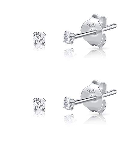 DTPsilver - 2 Paar WINZIGE Ohrringe 925 Sterling Silber mit Cubic Zirkonia Runde Sehr KLEINE Ohrstecker - Durchmesser 2 mm - Weiß/klar CZ von DTPsilver