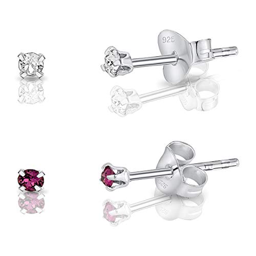 DTPsilver - 2 Paar WINZIGE Ohrringe 925 Sterling Silber mit Kristallen von Swarovski® Elements Runde Sehr KLEINE Ohrstecker - Durchmesser 2 mm - Farbe : klare Kristalle + Amethyst von DTPsilver