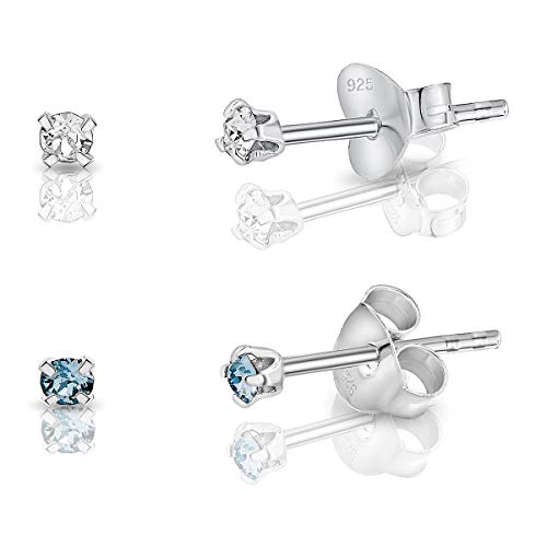 DTPsilver - 2 Paar WINZIGE Ohrringe 925 Sterling Silber mit Kristallen von Swarovski® Elements Runde Sehr KLEINE Ohrstecker - Durchmesser 2 mm - Farbe : klare Kristalle + Aquamarin von DTPsilver