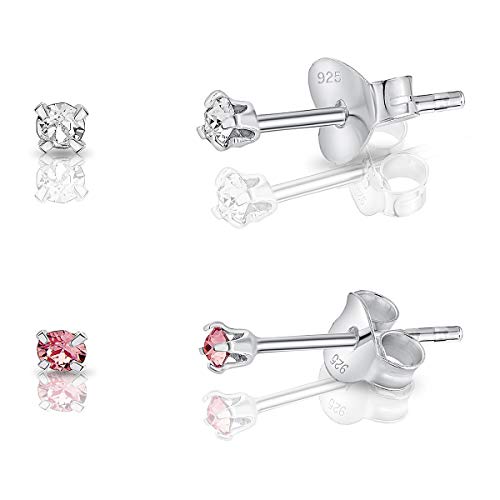 DTPsilver - 2 Paar WINZIGE Ohrringe 925 Sterling Silber mit Kristallen Runde Sehr KLEINE Ohrstecker - Durchmesser 2 mm - Farbe : klare Kristalle + Licht Stieg von DTPsilver