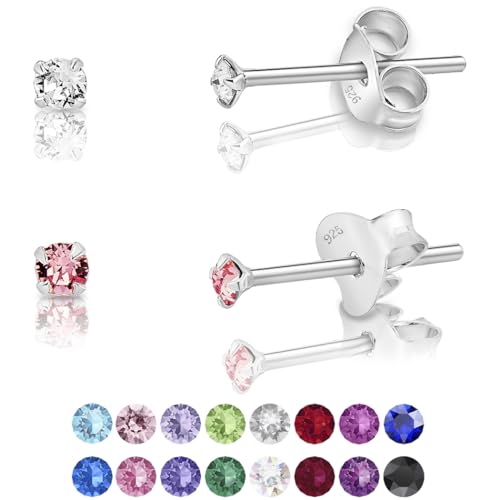 DTPsilver - 2 Paar WINZIGE Ohrringe 925 Sterling Silber mit Kristallen von Swarovski® Elements Runde Sehr KLEINE Ohrstecker - Durchmesser 2 mm - Farbe : klare Kristalle + Licht Stieg von DTPsilver