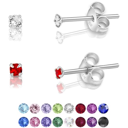 DTPsilver - 2 Paar WINZIGE Ohrringe 925 Sterling Silber mit Kristallen von Swarovski® Elements Runde Sehr KLEINE Ohrstecker - Durchmesser 2 mm - Farbe : klare Kristalle + Light Siam Rot von DTPsilver