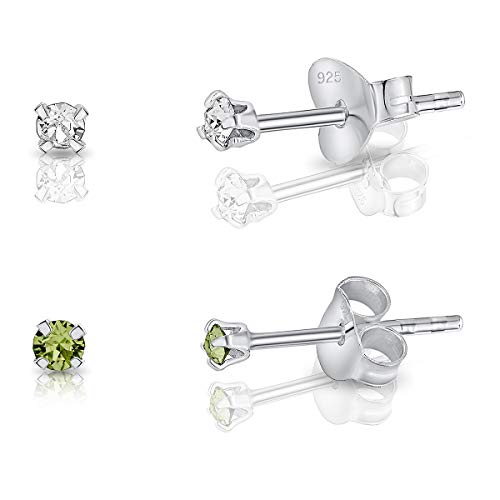 DTPsilver - 2 Paar WINZIGE Ohrringe 925 Sterling Silber mit Kristallen von Swarovski® Elements Runde Sehr KLEINE Ohrstecker - Durchmesser 2 mm - Farbe : klare Kristalle + Peridot von DTPsilver