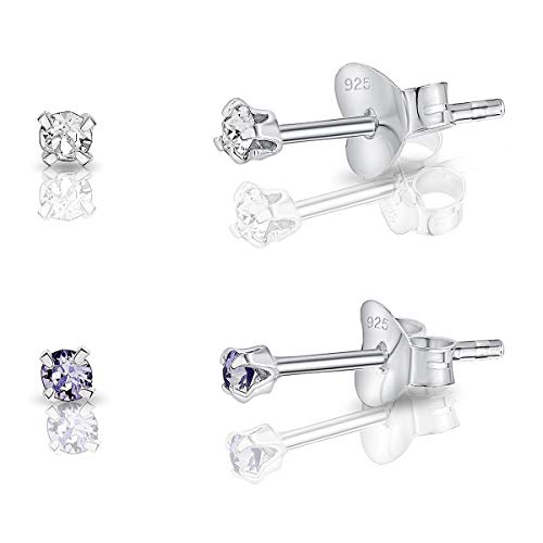 DTPsilver - 2 Paar WINZIGE Ohrringe 925 Sterling Silber mit Kristallen von Swarovski® Elements Runde Sehr KLEINE Ohrstecker - Durchmesser 2 mm - Farbe : klare Kristalle + Provence Lavendel von DTPsilver