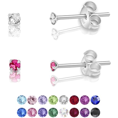 DTPsilver - 2 Paar WINZIGE Ohrringe 925 Sterling Silber mit Kristallen von Swarovski® Elements Runde Sehr KLEINE Ohrstecker - Durchmesser 2 mm - Farbe : klare Kristalle + Rosa von DTPsilver