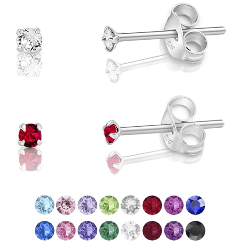 DTPsilver - 2 Paar WINZIGE Ohrringe 925 Sterling Silber mit Kristallen Runde Sehr KLEINE Ohrstecker - Durchmesser 2 mm - Farbe : klare Kristalle + Rubin von DTPsilver