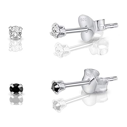 DTPsilver - 2 Paar WINZIGE Ohrringe 925 Sterling Silber mit Kristallen von Swarovski® Elements Runde Sehr KLEINE Ohrstecker - Durchmesser 2 mm - Farbe : klare Kristalle + Schwarz von DTPsilver