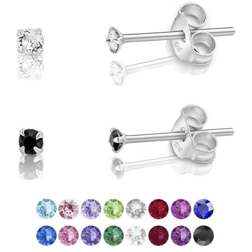 DTPsilver - 2 Paar WINZIGE Ohrringe 925 Sterling Silber mit Kristallen von Swarovski® Elements Runde Sehr KLEINE Ohrstecker - Durchmesser 2 mm - Farbe : klare Kristalle + Schwarz von DTPsilver