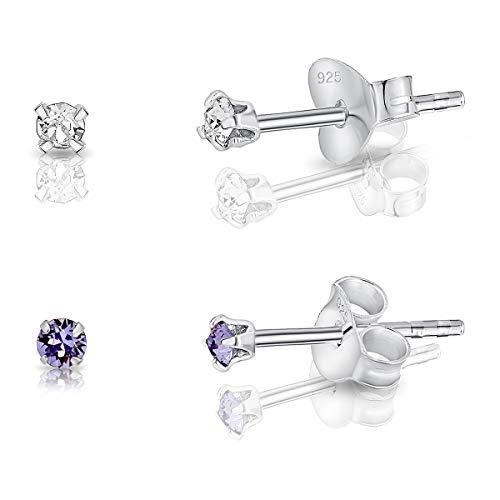 DTPsilver - 2 Paar WINZIGE Ohrringe 925 Sterling Silber mit Kristallen von Swarovski® Elements Runde Sehr KLEINE Ohrstecker - Durchmesser 2 mm - Farbe : klare Kristalle + Tansanit von DTPsilver