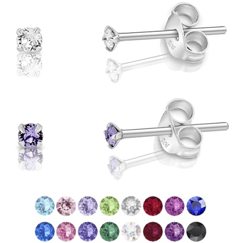DTPsilver - 2 Paar WINZIGE Ohrringe 925 Sterling Silber mit Kristallen von Swarovski® Elements Runde Sehr KLEINE Ohrstecker - Durchmesser 2 mm - Farbe : klare Kristalle + Tansanit von DTPsilver