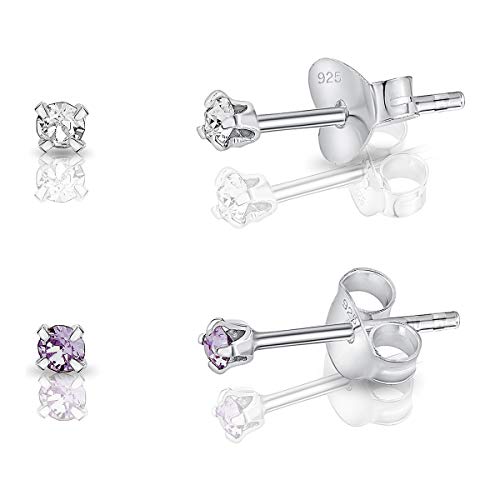 DTPsilver - 2 Paar WINZIGE Ohrringe 925 Sterling Silber mit Kristallen von Swarovski® Elements Runde Sehr KLEINE Ohrstecker - Durchmesser 2 mm - Farbe : klare Kristalle + Violett von DTPsilver