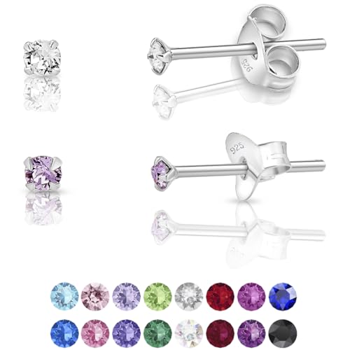 DTPsilver - 2 Paar WINZIGE Ohrringe 925 Sterling Silber mit Kristallen von Swarovski® Elements Runde Sehr KLEINE Ohrstecker - Durchmesser 2 mm - Farbe : klare Kristalle + Violett von DTPsilver