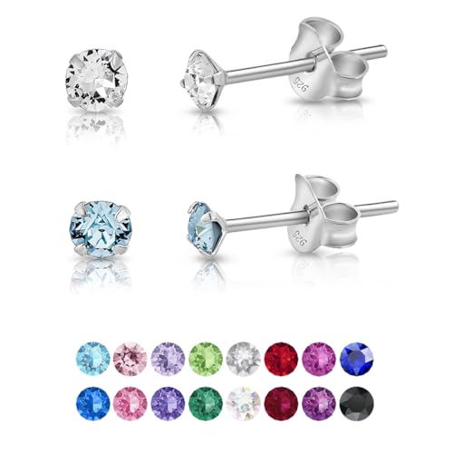 DTPsilver - 2 Paar WINZIGE Ohrringe 925 Sterling Silber mit Kristallen von Swarovski® Elements Runde Sehr KLEINE Ohrstecker - Durchmesser 3 mm - Farbe : klare Kristalle + Aquamarin von DTPsilver