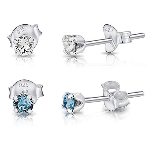 DTPsilver - 2 Paar WINZIGE Ohrringe 925 Sterling Silber mit Kristallen von Swarovski® Elements Runde Sehr KLEINE Ohrstecker - Durchmesser 3 mm - Farbe : klare Kristalle + Aquamarin von DTPsilver