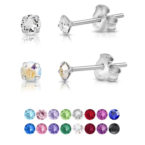 DTPsilver - 2 Paar WINZIGE Ohrringe 925 Sterling Silber mit Kristallen Runde Sehr KLEINE Ohrstecker - Durchmesser 3 mm - Farbe : klare Kristalle + Aurore Boreale von DTPsilver