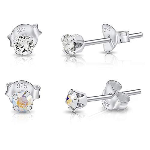 DTPsilver - 2 Paar WINZIGE Ohrringe 925 Sterling Silber mit Kristallen von Swarovski® Elements Runde Sehr KLEINE Ohrstecker - Durchmesser 3 mm - Farbe : klare Kristalle + Aurore Boreale von DTPsilver