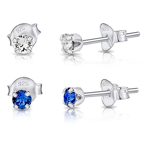 DTPsilver - 2 Paar WINZIGE Ohrringe 925 Sterling Silber mit Kristallen von Swarovski® Elements Runde Sehr KLEINE Ohrstecker - Durchmesser 3 mm - Farbe : klare Kristalle + Blauer Saphir von DTPsilver