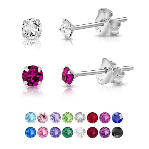 DTPsilver - 2 Paar WINZIGE Ohrringe 925 Sterling Silber mit Kristallen von Swarovski® Elements Runde Sehr KLEINE Ohrstecker - Durchmesser 3 mm - Farbe : klare Kristalle + Fuchsie von DTPsilver