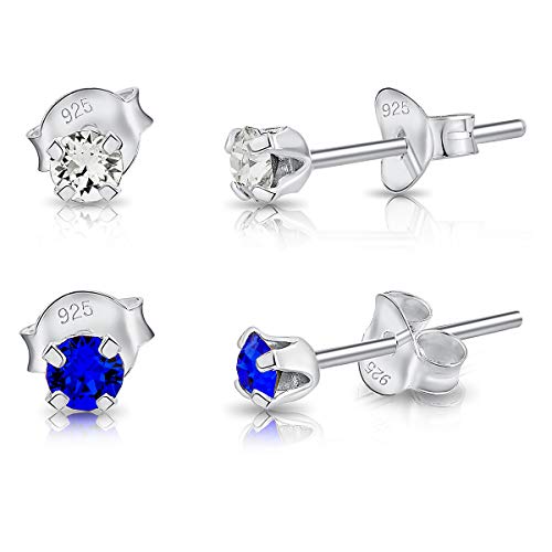 DTPsilver - 2 Paar WINZIGE Ohrringe 925 Sterling Silber mit Kristallen von Swarovski® Elements Runde Sehr KLEINE Ohrstecker - Durchmesser 3 mm - Farbe : klare Kristalle + Majestätisches Blau von DTPsilver