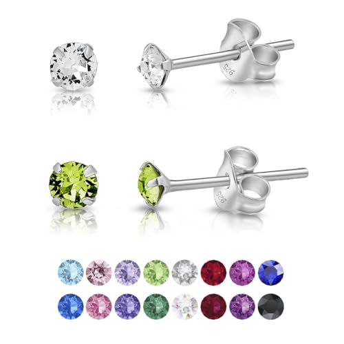 DTPsilver - 2 Paar WINZIGE Ohrringe 925 Sterling Silber mit Kristallen von Swarovski® Elements Runde Sehr KLEINE Ohrstecker - Durchmesser 3 mm - Farbe : klare Kristalle + Peridot von DTPsilver