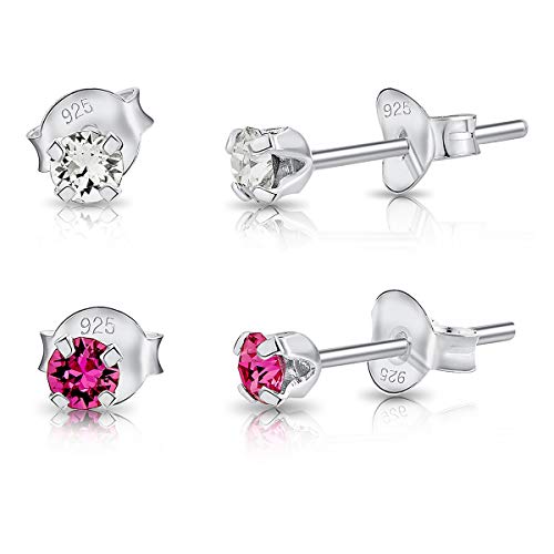 DTPsilver - 2 Paar WINZIGE Ohrringe 925 Sterling Silber mit Kristallen von Swarovski® Elements Runde Sehr KLEINE Ohrstecker - Durchmesser 3 mm - Farbe : klare Kristalle + Rosa von DTPsilver