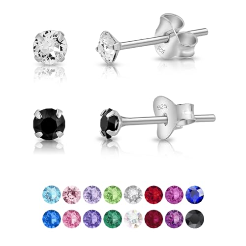 DTPsilver - 2 Paar WINZIGE Ohrringe 925 Sterling Silber mit Kristallen von Swarovski® Elements Runde Sehr KLEINE Ohrstecker - Durchmesser 3 mm - Farbe : klare Kristalle + Schwarz von DTPsilver