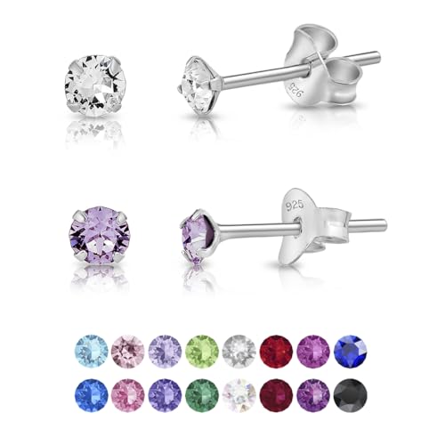 DTPsilver - 2 Paar WINZIGE Ohrringe 925 Sterling Silber mit Kristallen von Swarovski® Elements Runde Sehr KLEINE Ohrstecker - Durchmesser 3 mm - Farbe : klare Kristalle + Violett von DTPsilver