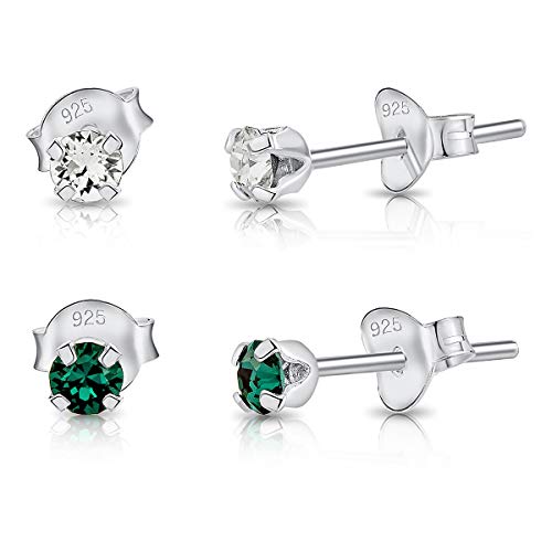 DTPsilver - 2 Paar WINZIGE Ohrringe 925 Sterling Silber mit Kristallen von Swarovski® Elements Runde Sehr KLEINE Ohrstecker - Durchmesser 3 mm - Farbe: klare Kristalle + Smaragd von DTPsilver