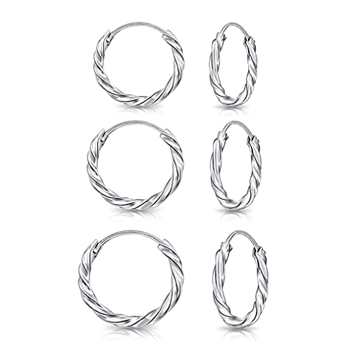 DTPsilver - 3 Paar Ohrringe - Klein Runde Creolen Verdrehte - 925 Sterling Silber - Helix/Tragus/Knorpel - Dicke 1.8 mm - Durchmesser 10, 12 und 14 mm von DTPsilver
