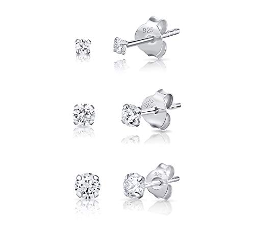 DTPsilver - 3 Paar WINZIGE Ohrringe 925 Sterling Silber mit Cubic Zirkonia Runde Sehr KLEINE Ohrstecker - Durchmesser 2, 3, 4 mm - Weiß/klar CZ von DTPsilver