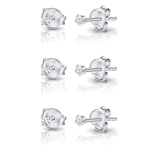 DTPsilver - 3 Paar WINZIGE Ohrringe 925 Sterling Silber mit Cubic Zirkonia Runde Sehr KLEINE Ohrstecker - Durchmesser 2 mm - Weiß/klar CZ von DTPsilver