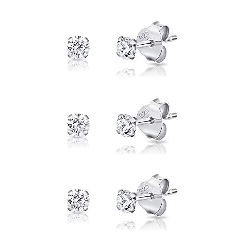 DTPsilver - 3 Paar WINZIGE Ohrringe 925 Sterling Silber mit Cubic Zirkonia Runde Sehr KLEINE Ohrstecker - Durchmesser 3 mm - Weiß/klar CZ von DTPsilver