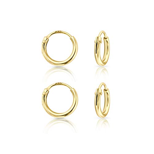 Set 2 Paare Creolen Ohrringe Damen & Herren 925 Sterling Silber, 24K Vergoldet – Kleine Creolen Hypoallergen für Ohrläppchen, Helix, Tragus & Knorpel - Dicke 1.2 mm - Durchmesser 8 mm von DTPsilver