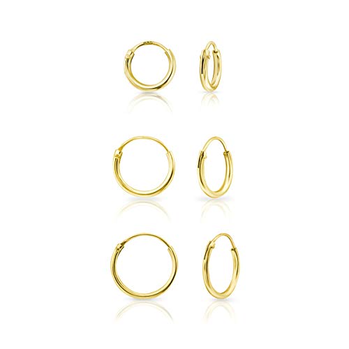 Set 3 Paare Creolen Ohrringe Damen & Herren 925 Sterling Silber, 24K Vergoldet – Kleine Creolen Hypoallergen für Ohrläppchen, Helix, Tragus & Knorpel - Dicke 1.5 mm - Durchmesser 8, 10, 12 mm von DTPsilver