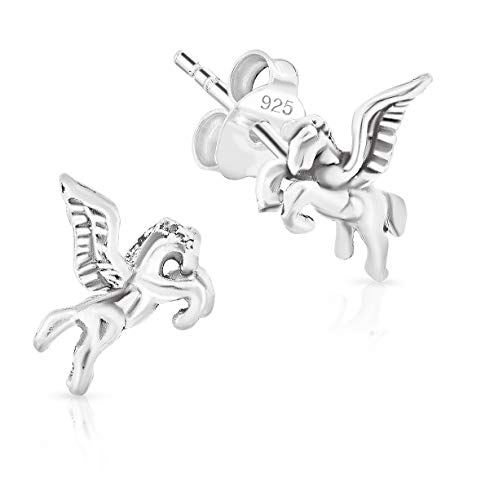 DTPsilver® KLEINE Ohrringe 925 Sterling Silber - Kinder - Pegasus Hengst Pferd Ohrstecker - Messung 8 x 7 mm von DTPsilver