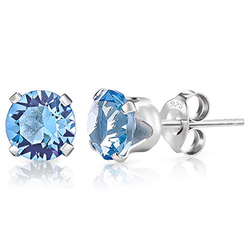 DTPSilver - Damen Ohrringe 925 Sterling Silber mit Kristallen von Swarovski® Elements 6 mm Runde Ohrstecker - Farbe : Aquamarin von DTPsilver