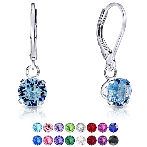 DTPSilver - Damen Klappbügel Ohrringe 925 Sterling Silber mit Kristallen von Swarovski® Elements 6 mm Runde - Farbe : Aquamarin von DTPsilver