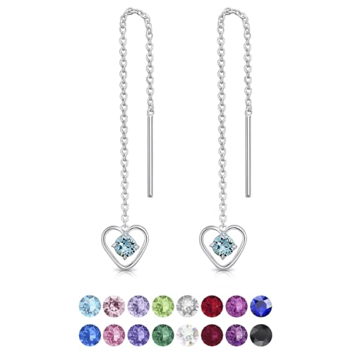 DTPsilver® Durch Ohrringe ziehen 925 Sterling Silber mit Baumelnde Herz und 3 mm runden Swarovski® Elements Kristall - Länge 68 mm - Farbe : Aquamarin von DTPsilver