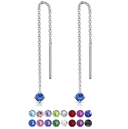 DTPsilver® KLEINE Durch Ohrringe ziehen 925 Sterling Silber mit Baumelnde 3 mm Swarovski® Elements Kristall - Farbe : Blauer Saphir von DTPsilver