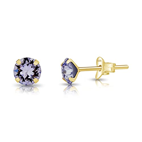 DTPsilver - KLEINE Ohrringe 925 Sterling Silber Gelb Vergoldet mit Kristallen von Swarovski® Elements Runde Ohrstecker - Durchmesser 5 mm - Farbe : Provence Lavendel von DTPsilver