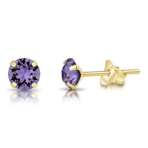 DTPsilver - KLEINE Ohrringe 925 Sterling Silber Gelb Vergoldet mit Kristallen von Swarovski® Elements Runde Ohrstecker - Durchmesser 5 mm - Farbe : Tansanit von DTPsilver