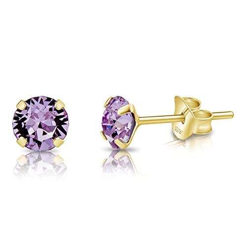 DTPsilver - KLEINE Ohrringe 925 Sterling Silber Gelb Vergoldet mit Kristallen von Swarovski® Elements Runde Ohrstecker - Durchmesser 5 mm - Farbe : Violett von DTPsilver