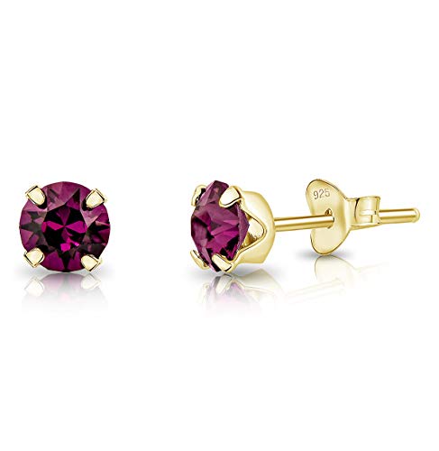 DTPsilver - KLEINE Ohrringe 925 Sterling Silber Gelb Vergoldetmit Kristallen Runde Ohrstecker - Durchmesser 5 mm - Farbe : Amethyst von DTPsilver