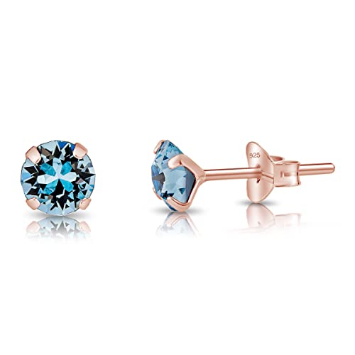 DTPsilver - KLEINE Ohrringe 925 Sterling Silber Rosèvergoldet mit Kristallen von Swarovski® Elements Runde Ohrstecker - Durchmesser 5 mm - Farbe : Aquamarin von DTPsilver