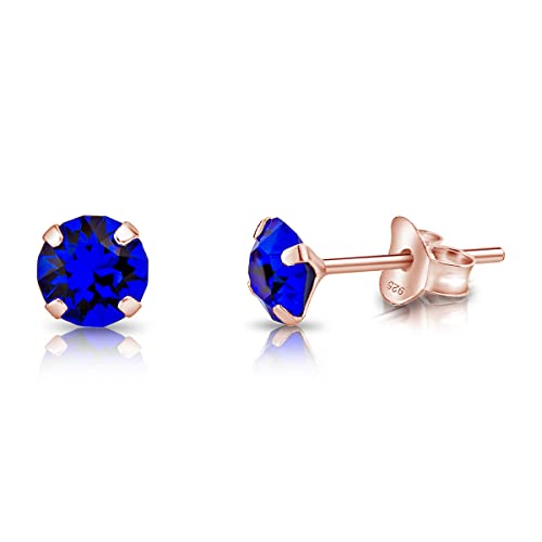 DTPsilver - KLEINE Ohrringe 925 Sterling Silber Rosèvergoldet mit Kristallen von Swarovski® Elements Runde Ohrstecker - Durchmesser 5 mm - Farbe : Majestätisches Blau von DTPsilver