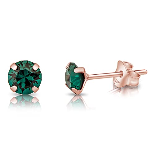 DTPsilver - KLEINE Ohrringe 925 Sterling Silber Rosèvergoldet mit Kristallen von Swarovski® Elements Runde Ohrstecker - Durchmesser 5 mm - Farbe : Smaragd von DTPsilver