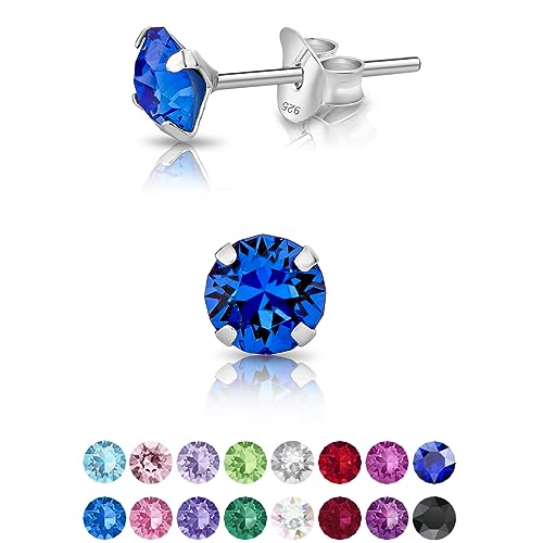 DTPsilver - KLEINE Ohrringe 925 Sterling Silber mit Kristallen von Swarovski® Elements Runde Ohrstecker - Durchmesser 5 mm - Farbe : Blauer Saphir von DTPsilver