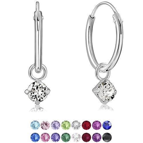DTPsilver® KLEINE Creolen Ohrringe 925 Sterling Silber mit 3 mm Baumelnde Swarovski® Elements Kristall - Mädchen - Dicke 1.5 mm - Durchmesser 14 mm - Farbe : klare Kristalle von DTPsilver