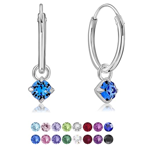 DTPsilver® KLEINE Creolen Ohrringe 925 Sterling Silber mit 3 mm Baumelnde Swarovski® Elements Kristall - Mädchen - Dicke 1.5 mm - Durchmesser 14 mm - Farbe : Blauer Saphir von DTPsilver