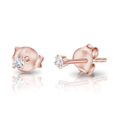 DTPsilver - Winzige/Kleine/Mittlere Größe Ohrringe 925 Sterling Silber Rosèvergoldet mit Cubic Zirkonia Runde Ohrstecker - Durchmesser 2 mm - Weiß/klar CZ von DTPsilver